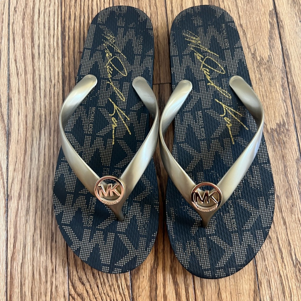 Michael Kors Black and Gold Logo Flip Flops